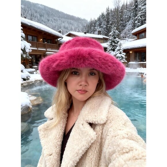 Women\'s Dark Pink Oversized Winter Long Pile Fur Wide Moldable Brim Warmer Cap main image 6